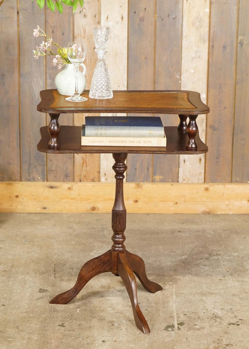 Oud brocante bijzettafeltje met lederen blad – lectuurtafeltje – wijntafeltje - Afbeelding 4