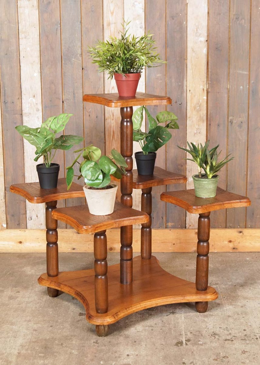 Grote oude houten brocante plantenstandaard met vijf plateaus – etagère bloemen standaard - Afbeelding 4